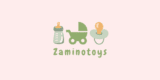 Logo of Zaminotoys featuring a baby bottle, stroller, and pacifier in soft pastel colors