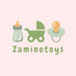Logo of Zaminotoys featuring a baby bottle, stroller, and pacifier in soft pastel colors