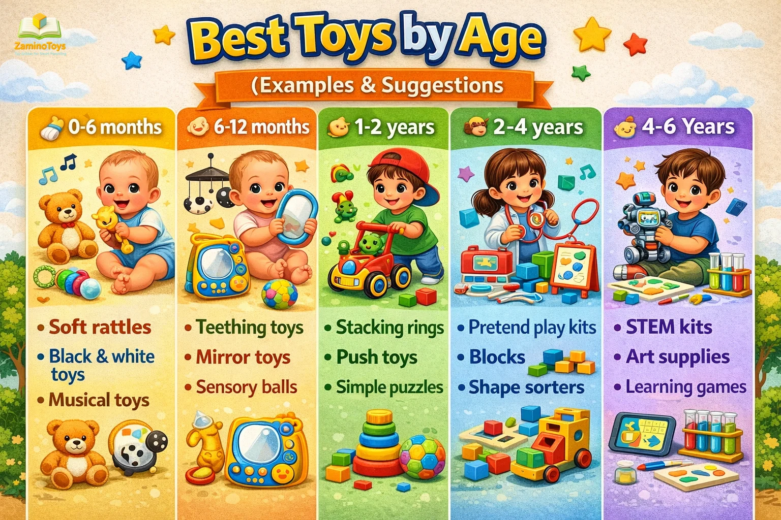Best toys by age chart for kids showing toy recommendations from 0-6 months to 4-6 years for child development