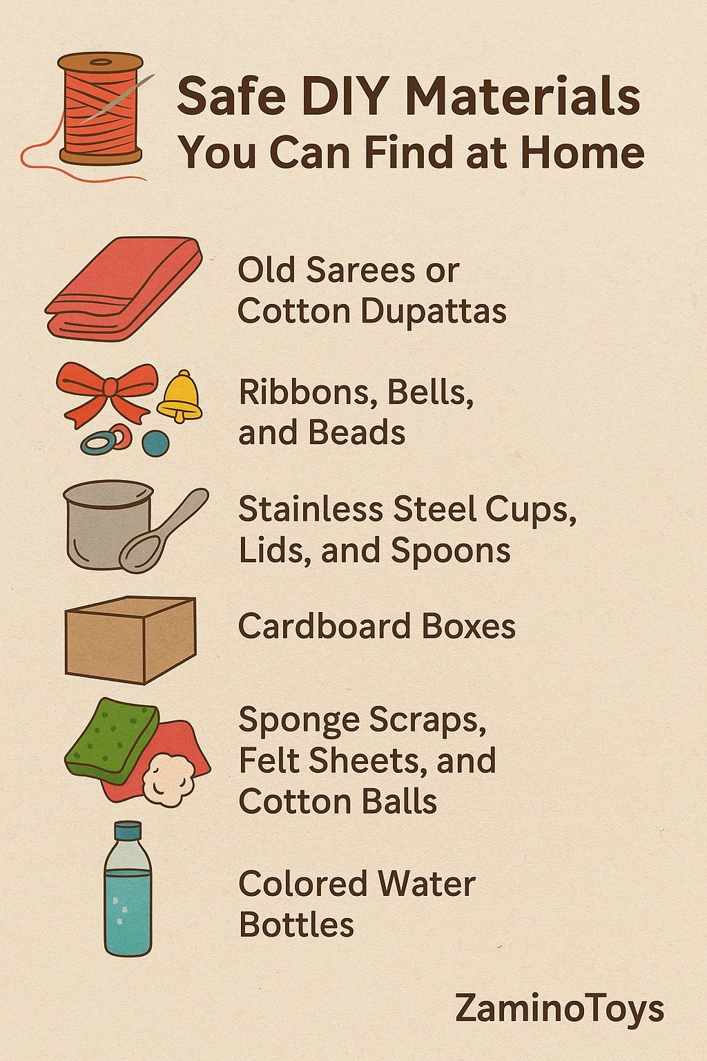 DIY sensory toys made from safe materials like old sarees, cardboard boxes, cotton balls, and kitchen items for babies