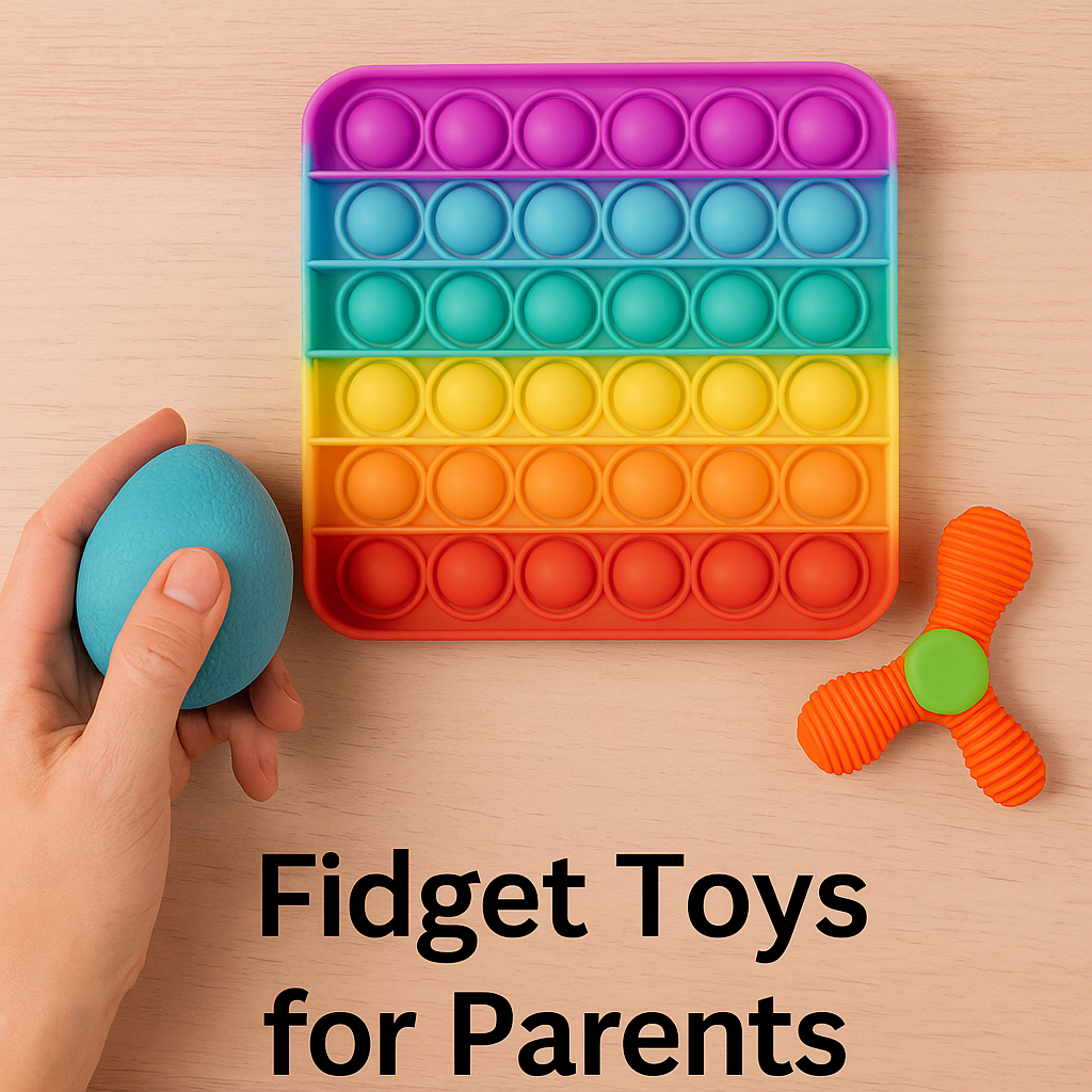 Fidget toys for parents placed on a wooden table to promote sensory stress relief and mindful play