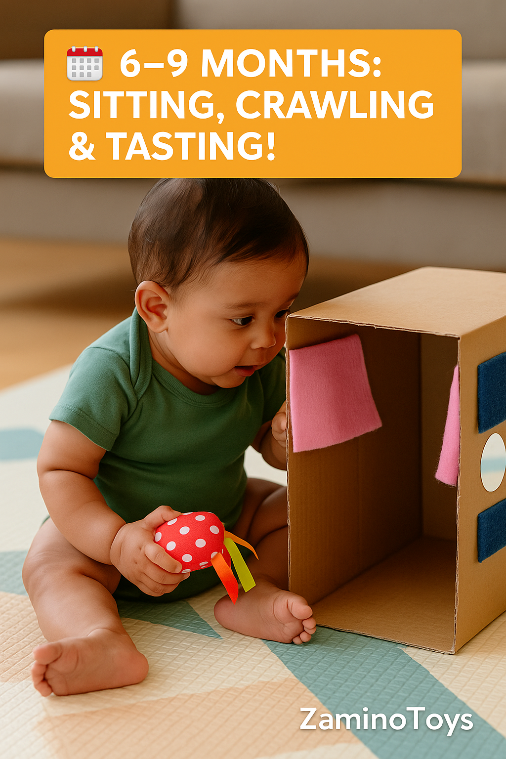 South Asian baby boy sitting and crawling during 6 to 9 months sensory play phase