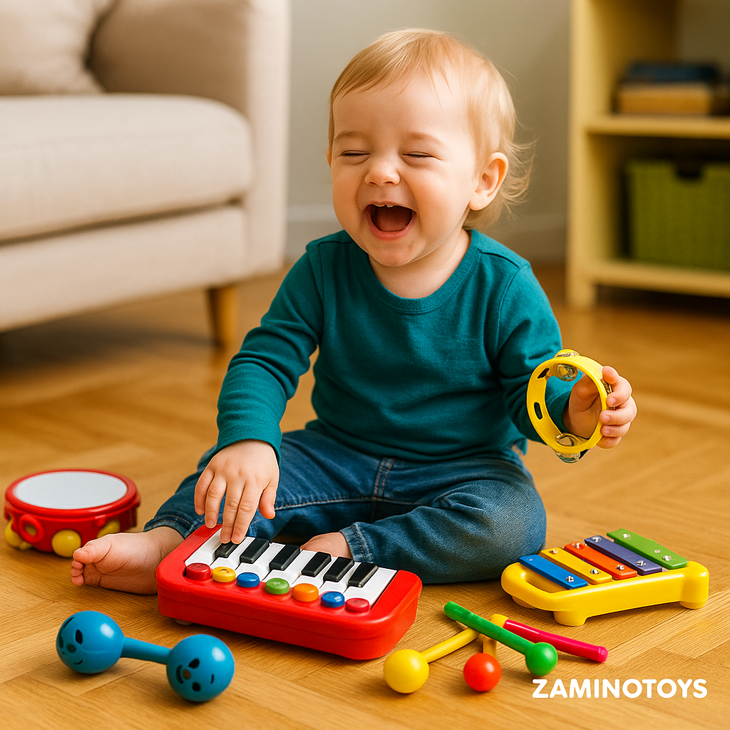 Toddler playing with musical toys to support long-term brain development through music play