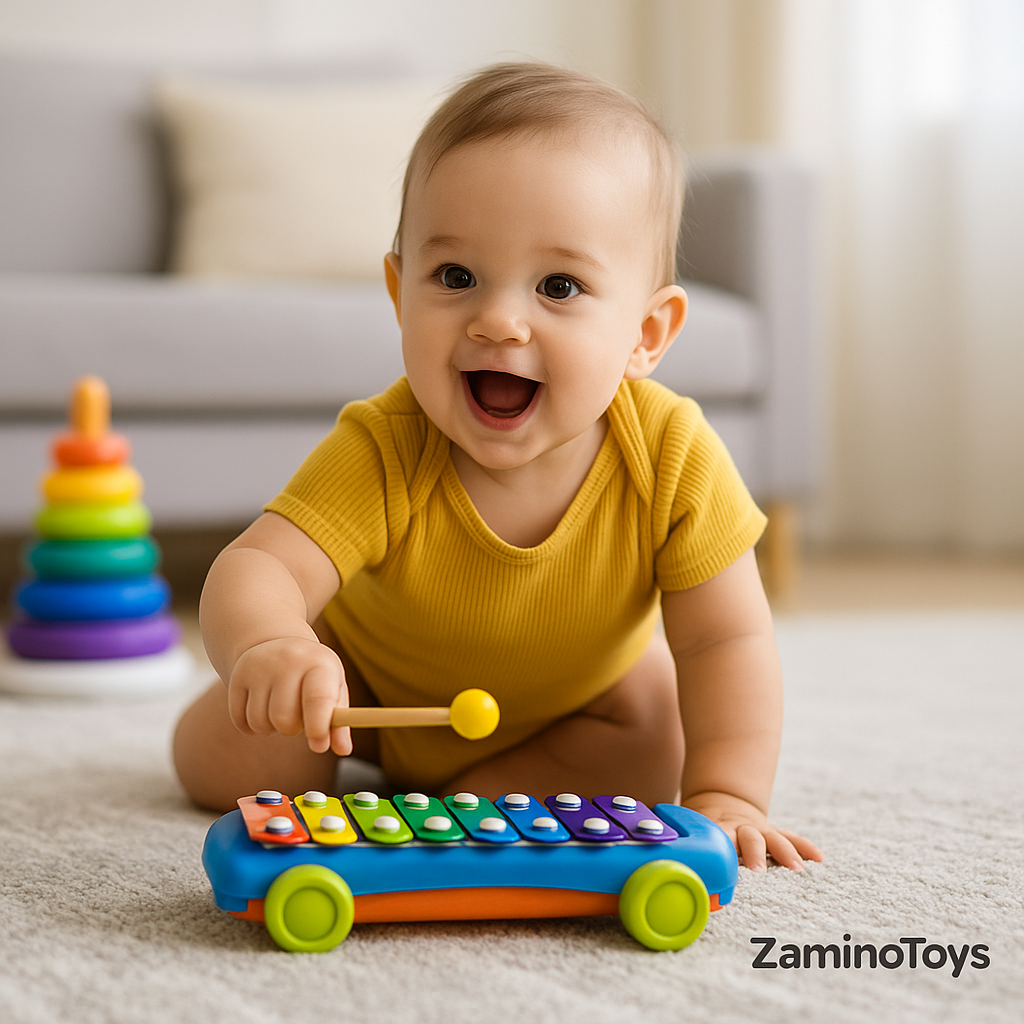 Baby boy enjoying musical toy, symbolizing brain development through music