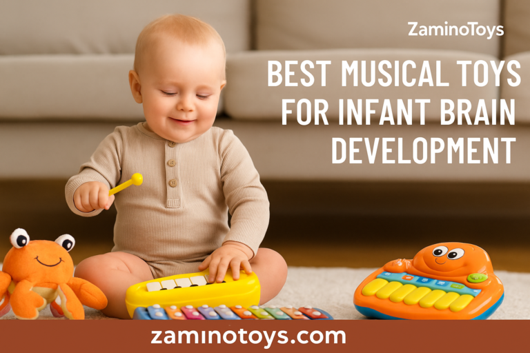 Realistic photo of baby playing with musical toys for brain development, featured by ZaminoToys.