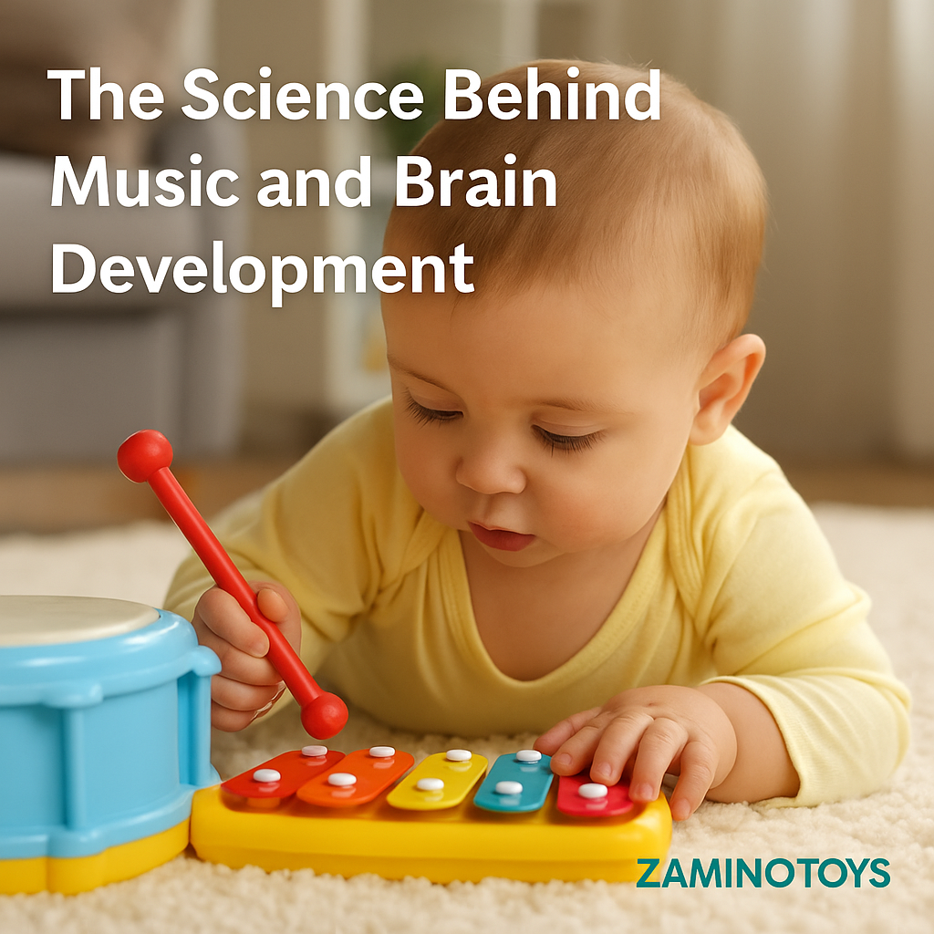 Infant playing with musical toy at home, enhancing brain development through sensory play.