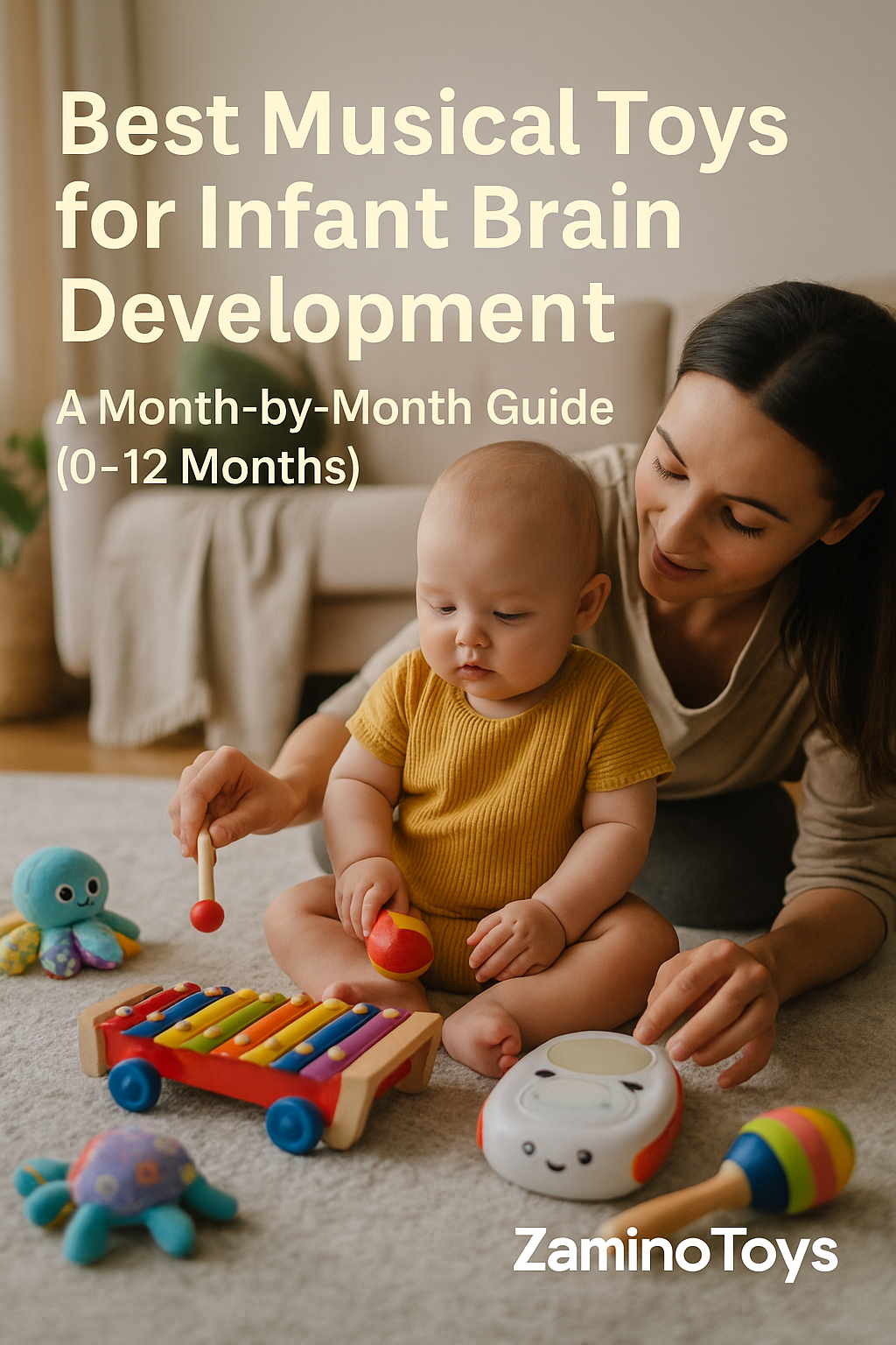 Baby playing with a colorful musical toy for brain development, perfect for infants aged 0–12 months – ZaminoToys guide
