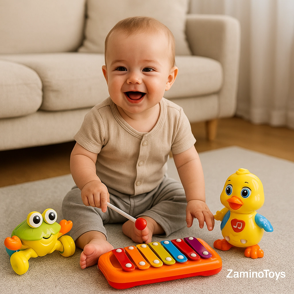 Baby playing with musical toys while sitting, ideal for brain development between 6 to 9 months