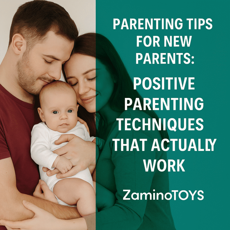 Parenting tips for new parents - positive parenting techniques with happy family illustration and ZaminoToys branding