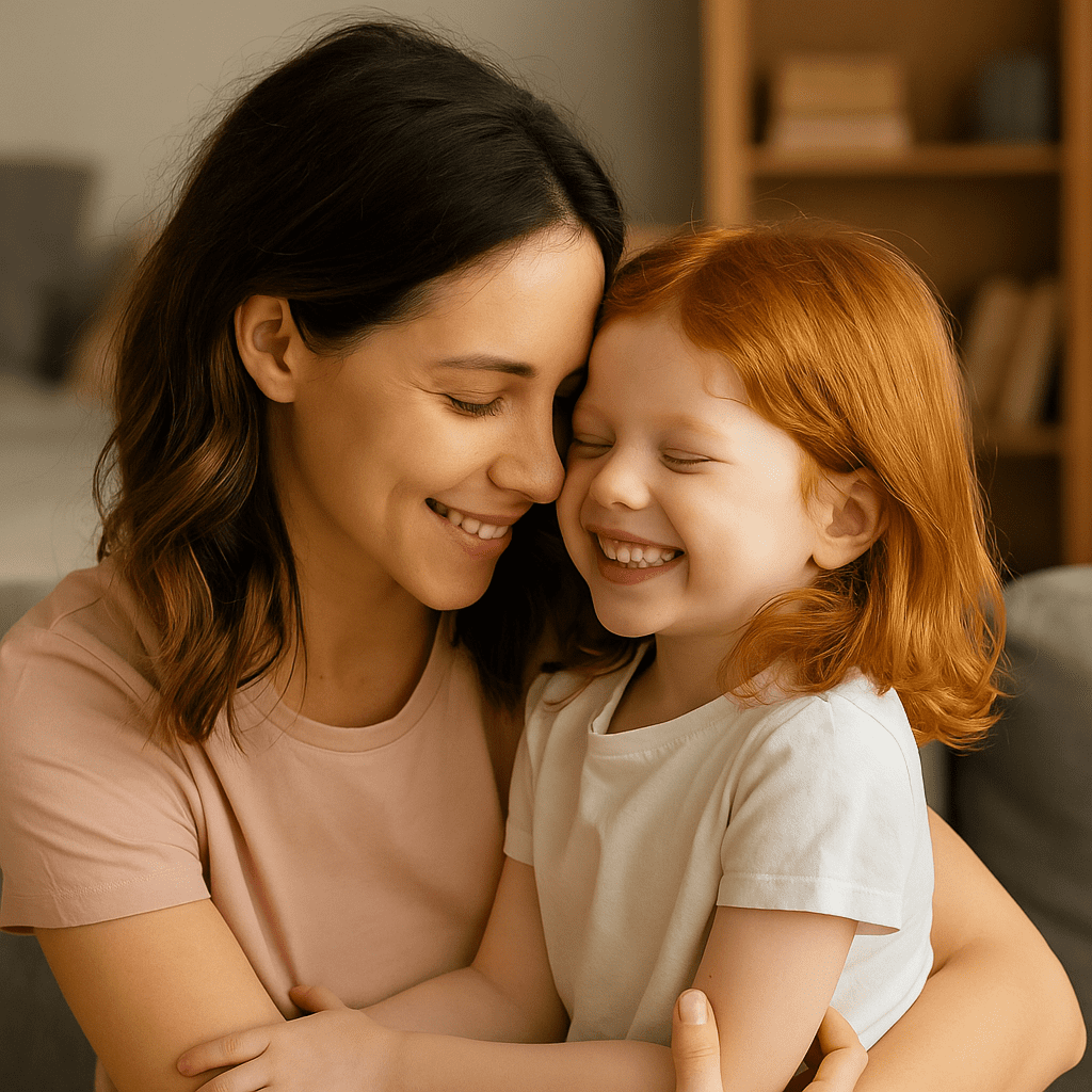 A happy young mother bonding with her baby at home – representing positive parenting through love, connection, and emotional presence.