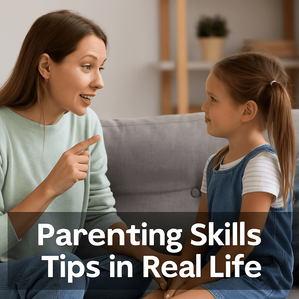 Mother teaching her child real-life parenting skills at home