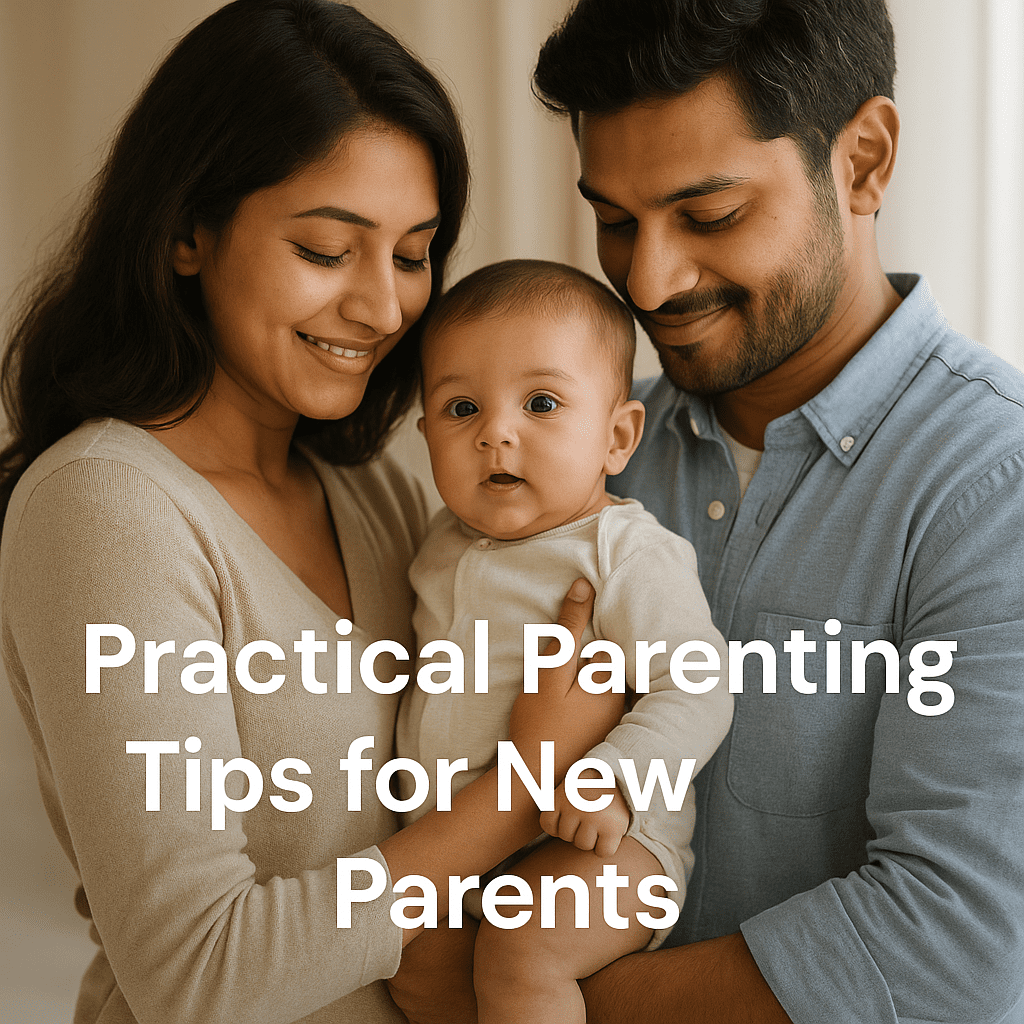 A young Indian couple gently holding their baby, symbolizing practical parenting tips for new parents with love and care