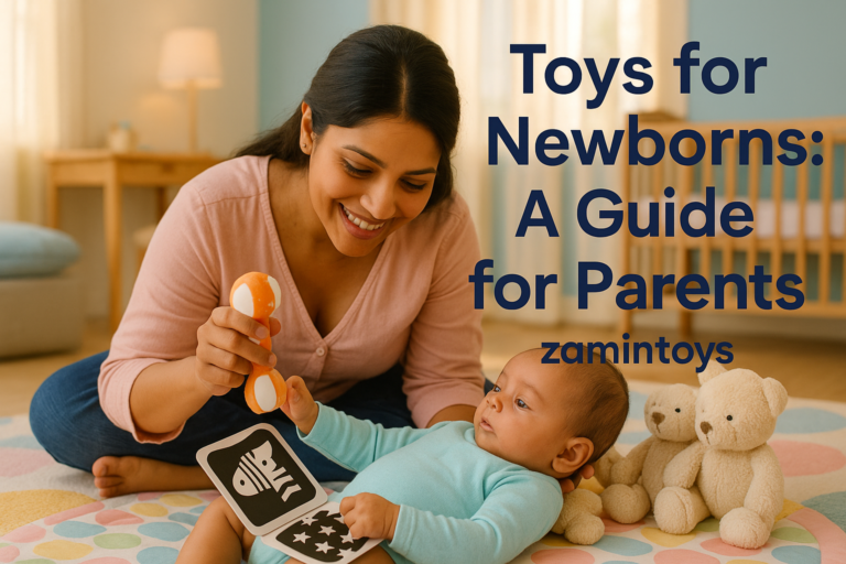 Mother engaging her infant with sensory toys for infants on a colorful playmat