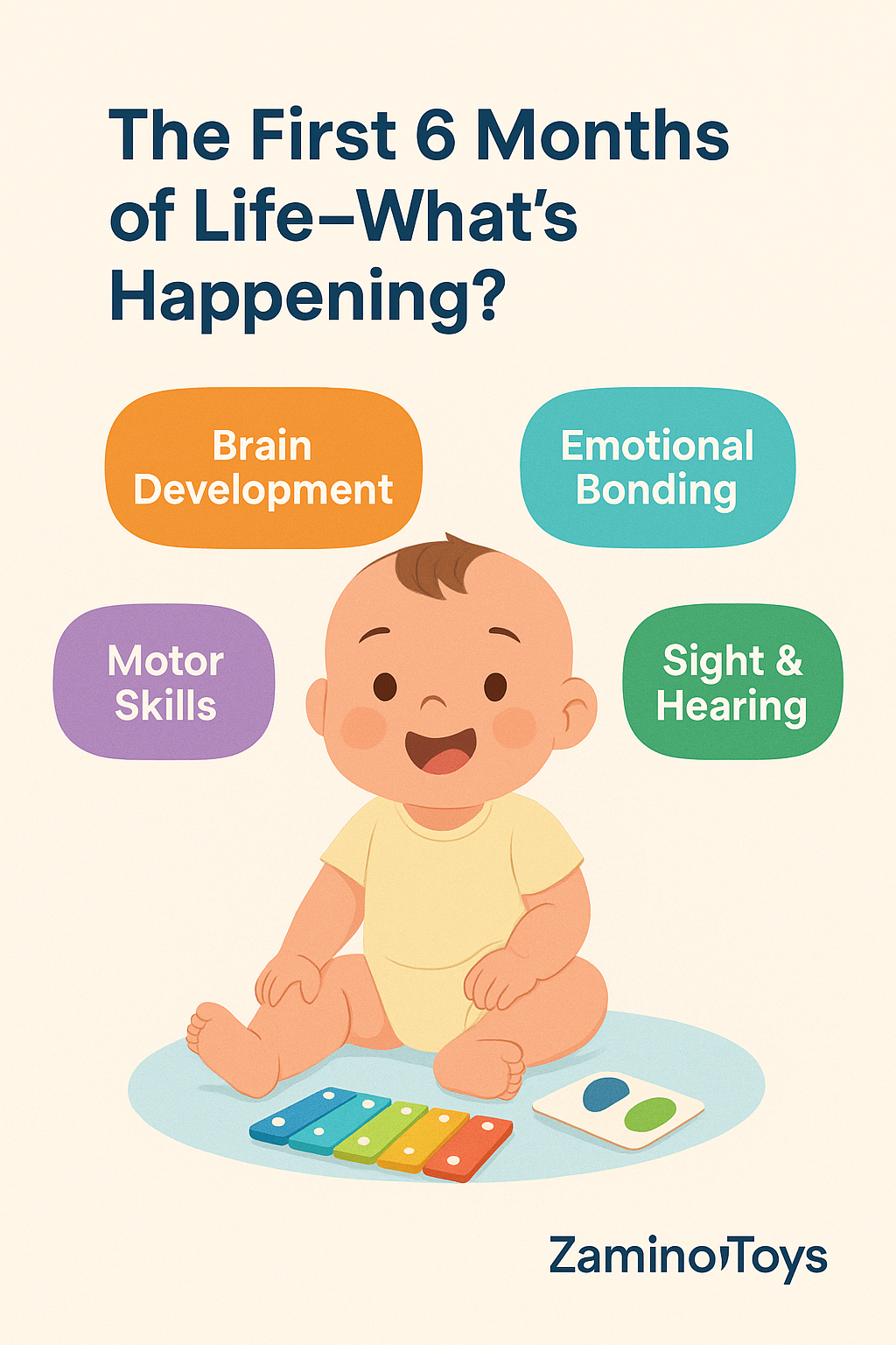 Illustration of a baby highlighting brain development, motor skills, emotional bonding, and sensory growth in the first 6 months of life