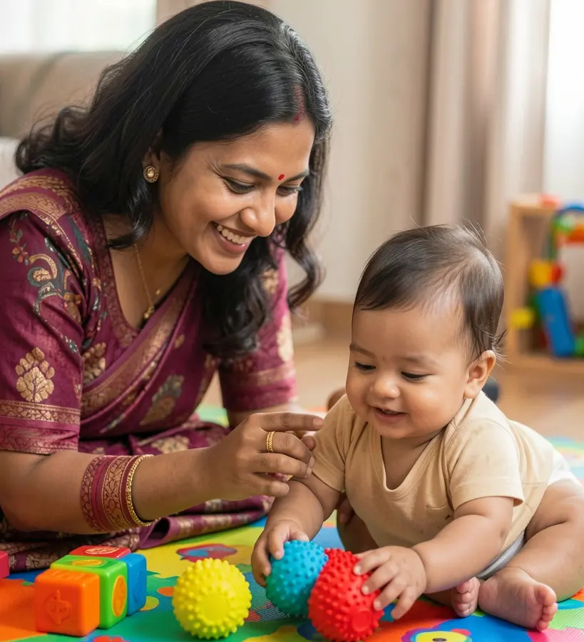 When and Why Do Newborns Need Sensory Toys? Newborn Sensory Toys Parenting Guide (0–6 Months) Mother engaging her infant with sensory toys for infants on a colorful playmat