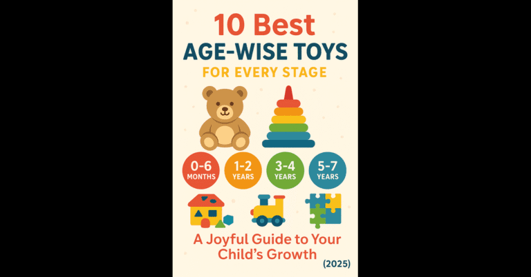 Infographic showing the 10 best age-wise toys for children from 0 to 7 years, part of an age-wise toy guide for child growth in 2025.