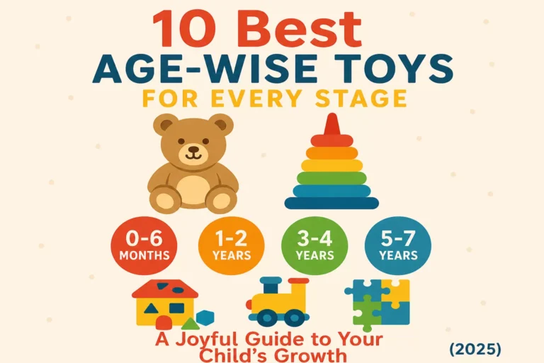 Infographic showing the 10 best age-wise toys for children from 0 to 7 years, part of an age-wise toy guide for child growth in 2025.