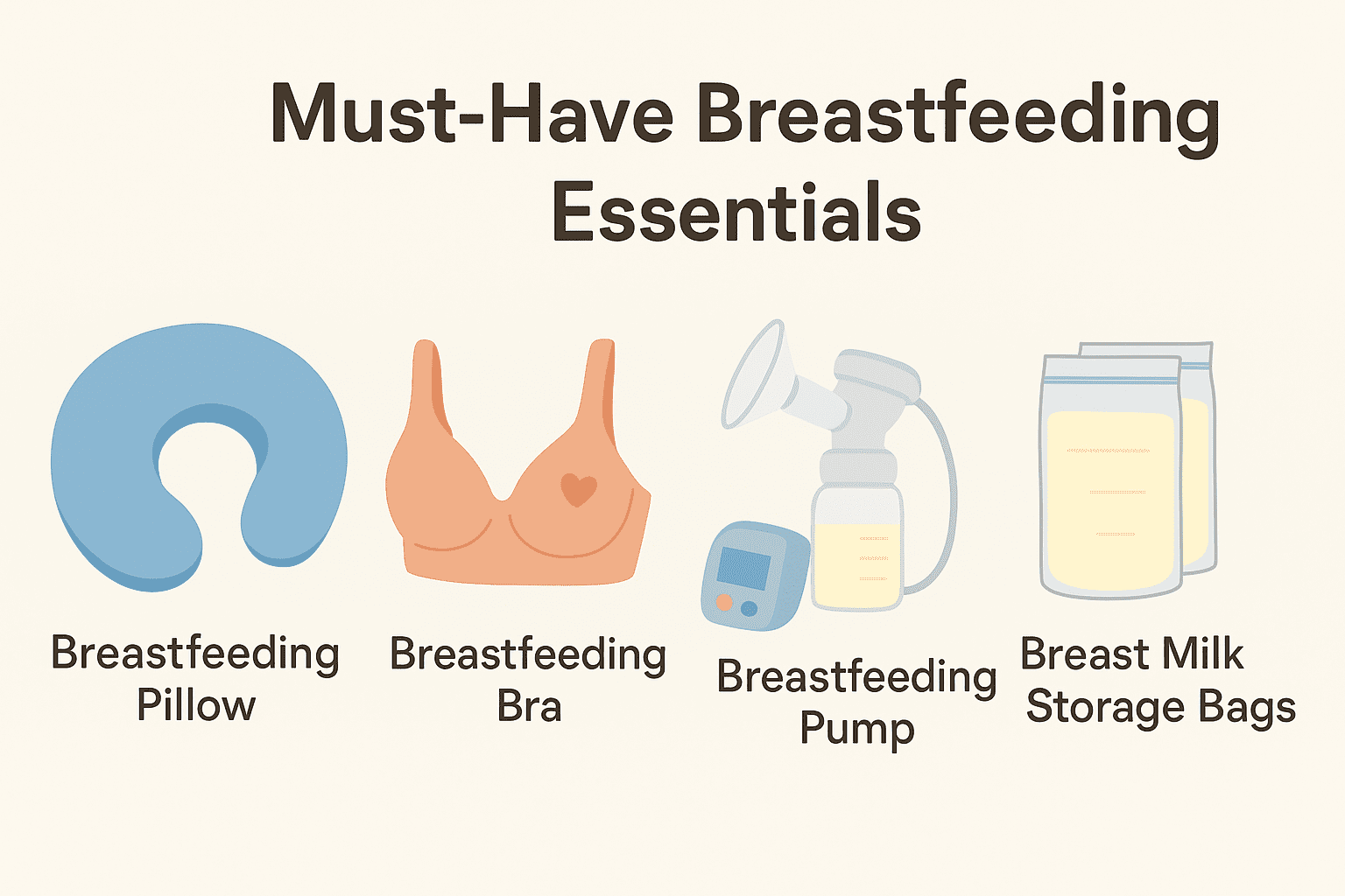 Essential breastfeeding items for new mothers, including nursing pillows, breast pumps, nipple cream, and nursing bras