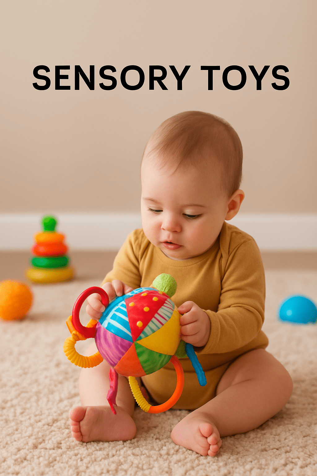 Baby playing with colorful sensory toys on a soft play mat