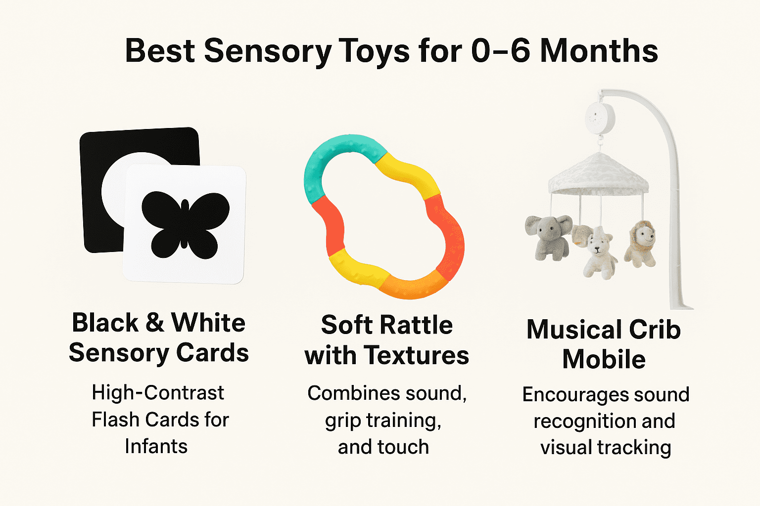 Best sensory toys for 0–6 months including black and white sensory cards, soft rattle with textures, and a musical crib mobile.