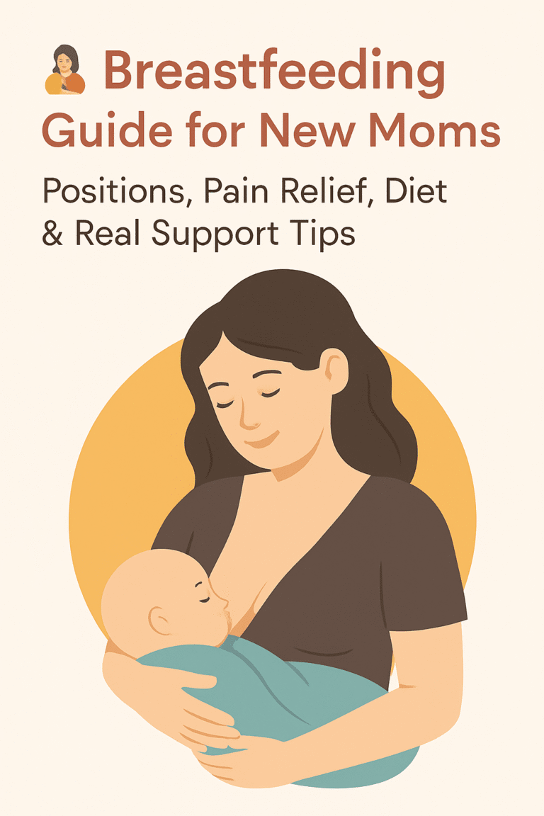 Illustration of a mother breastfeeding her newborn baby — breastfeeding guide for new moms with positions, pain relief, diet tips, and support advice.
