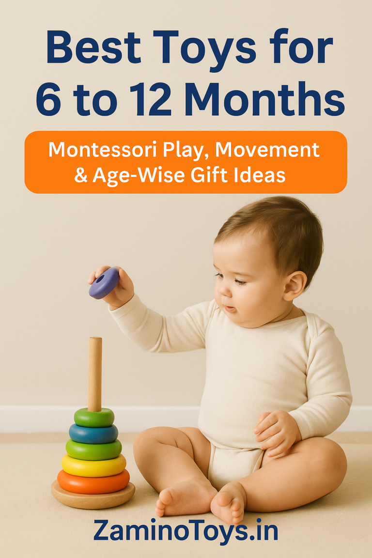 A 6 to 12-month-old baby playing with a colorful Montessori stacking toy on the floor – promoting safe sensory toys for babies.