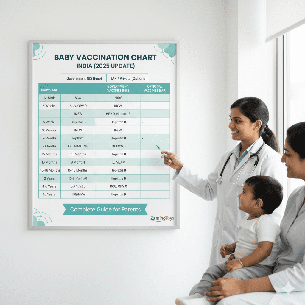 Smiling female pediatrician pointing to "Baby Vaccination Chart India (2025 Update)" with a mother and baby looking on. Chart details Government (NIS) and Optional (IAP/Private) vaccines by age from birth to 10 years, emphasizing "Complete Guide for Parents" from ZaminoToys.