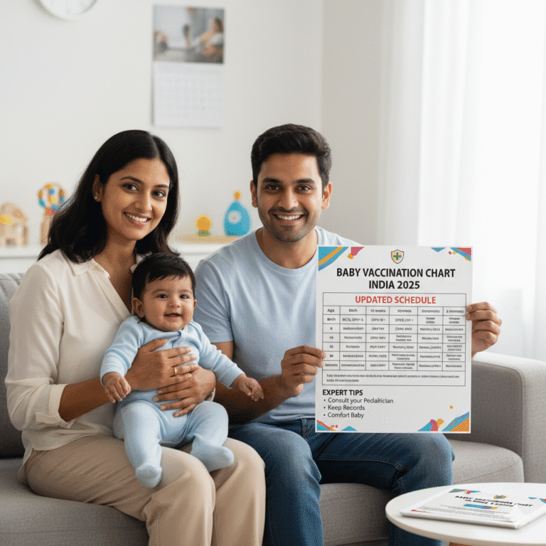 Indian parents with their baby holding the Baby Vaccination Chart in India 2025 – Updated Schedule, showing essential immunizations like BCG, OPV, DTP, Hepatitis, Hib, Rotavirus, and Measles, with expert pediatric tips for parents.