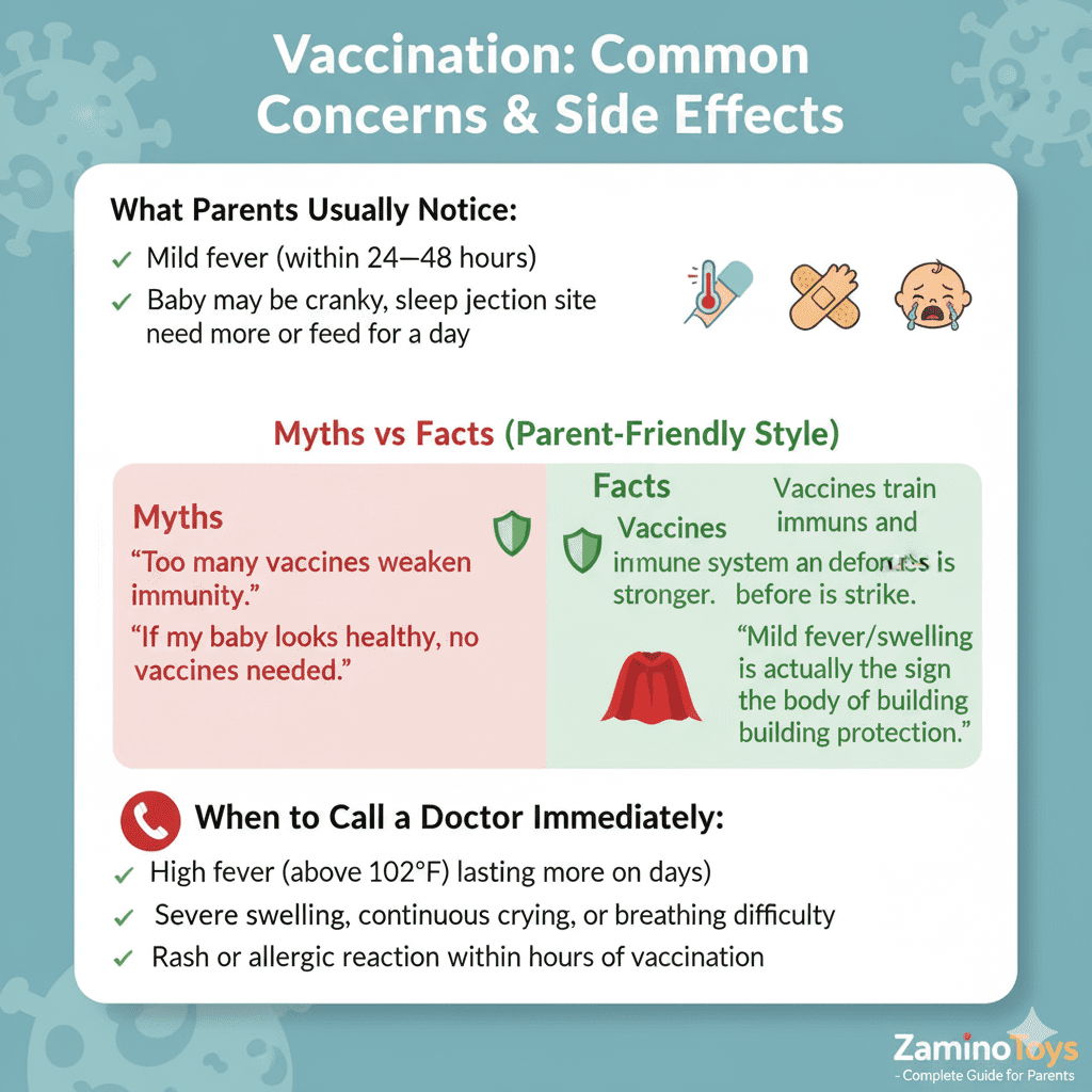 Infographic on "Vaccination: Common Concerns & Side Effects," detailing "What Parents Usually Notice" (mild fever, swelling, fussiness) with icons. Includes "Myths vs Facts" debunking "too many vaccines weaken immunity," "healthy baby needs no vaccines," and "side effects mean harmful." Lists "When to Call a Doctor Immediately" for severe symptoms. ZaminoToys branded.