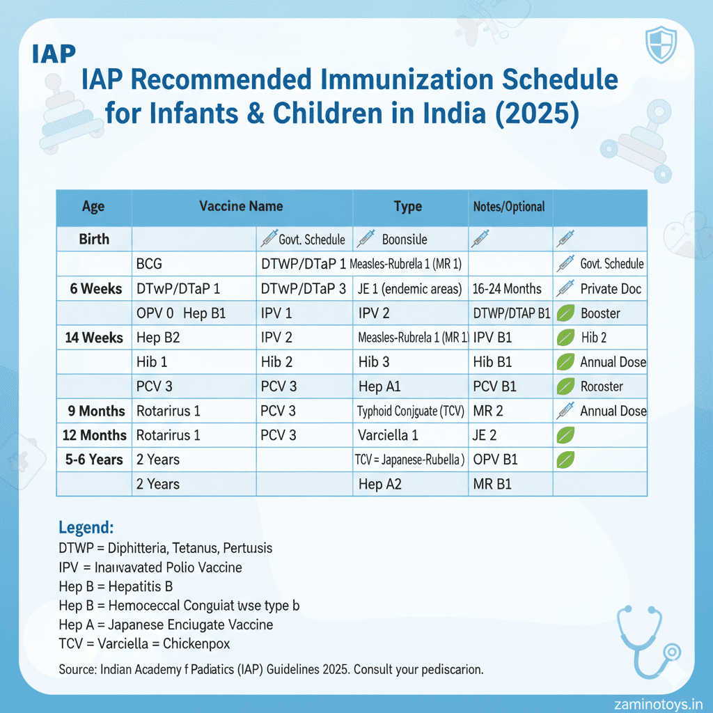 Infographic: Baby Vaccination Chart in India 2025 based on the latest IAP (Indian Academy of Pediatrics) and Govt. of India immunization schedule for children aged 0 to 6 years, promoting safe child health practices from Zamino Toys.