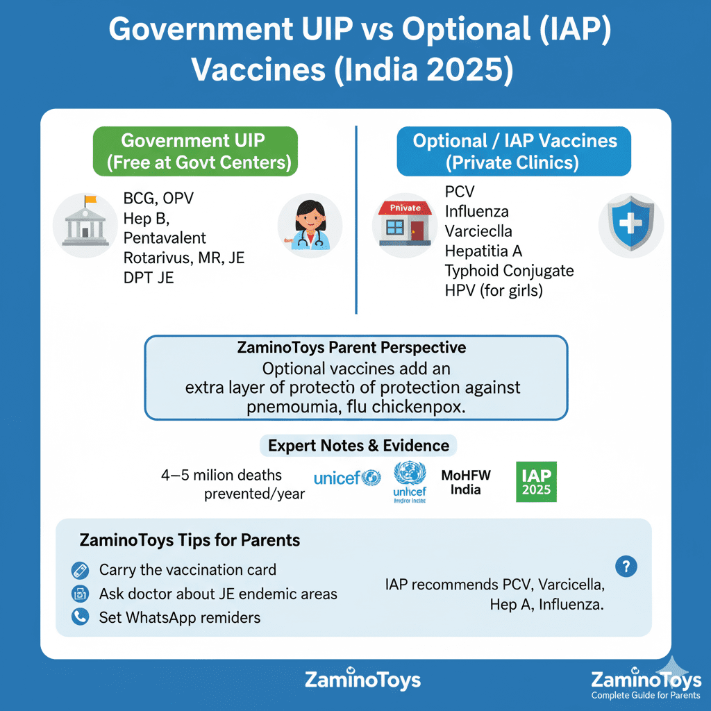 Infographic comparing "Government UIP (Free at Govt Centers)" listing BCG, OPV, Hep B, Pentavalent, Rotavirus, MR, DPT, JE, with "Optional / IAP Vaccines (Private Clinics)" listing PCV, Influenza, Varicella, Hep A, Typhoid, HPV. Includes "ZaminoToys Parent Perspective" and "Expert Notes & Evidence" from UNICEF, WHO, MoHFW, IAP, plus "ZaminoToys Tips for Parents" on vaccination card and reminders.