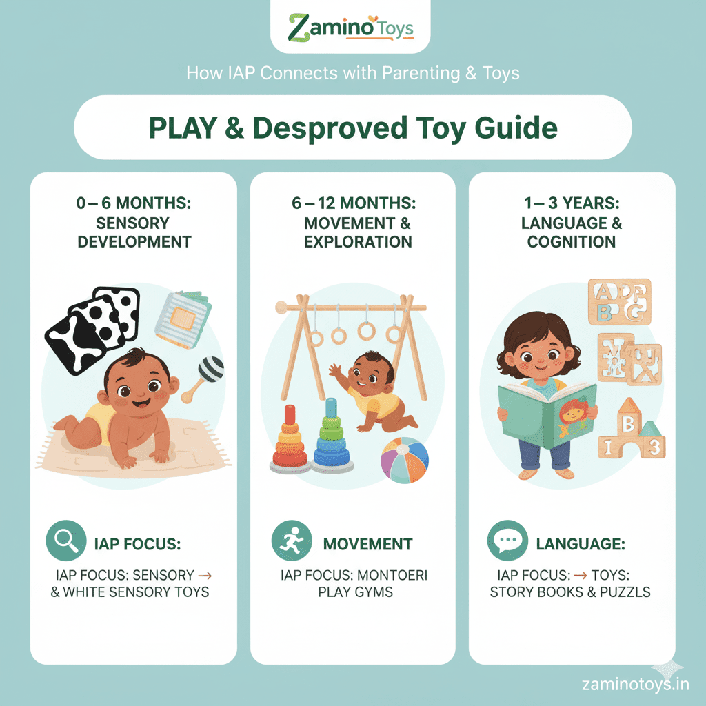 Infographic linking the IAP (Indian Academy of Pediatrics) developmental milestones for babies and toddlers (0-3 years) with recommended age-appropriate educational toys from Zamino Toys, including sensory toys, play gyms, and puzzles.