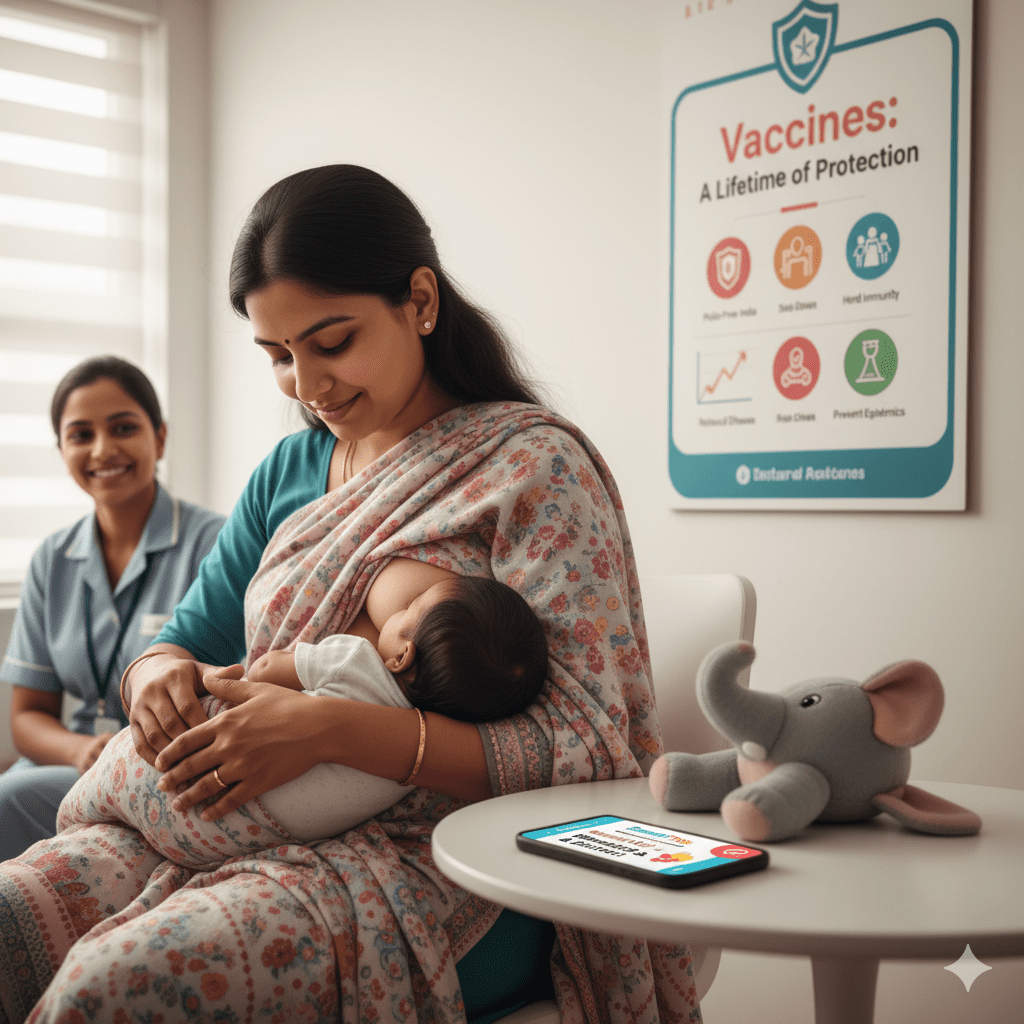 Smiling Indian mother breastfeeding baby for comfort after vaccination, with nurse in background. Infographic on wall highlights "Vaccines: A Lifetime of Protection" and benefits like "Polio-Free India," "Save Lives," and "Herd Immunity." A phone with "Vaccination Record" and a toy elephant are on the table.