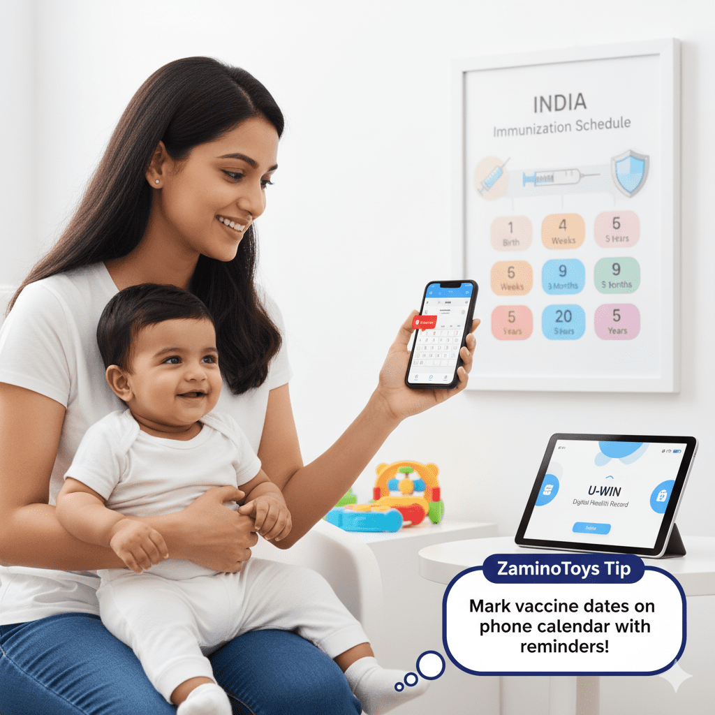 Happy Indian mother holding baby, showing phone calendar with vaccine reminder, with "India Immunization Schedule" chart and "U-WIN Digital Health Record" tablet in background. Includes Zaminotoys Tip bubble: "Mark vaccine dates on phone calendar with reminders!"