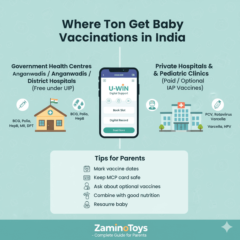 Infographic showing "Where to Get Baby Vaccinations in India," with icons for "Government Health Centres" (free UIP vaccines) and "Private Hospitals & Pediatric Clinics" (paid IAP vaccines), linked by a smartphone displaying "U-WIN Digital Support" for booking slots and digital records. Includes "Tips for Parents" on marking dates, MCP card, optional vaccines, nutrition, and reassuring baby. ZaminoToys branded.