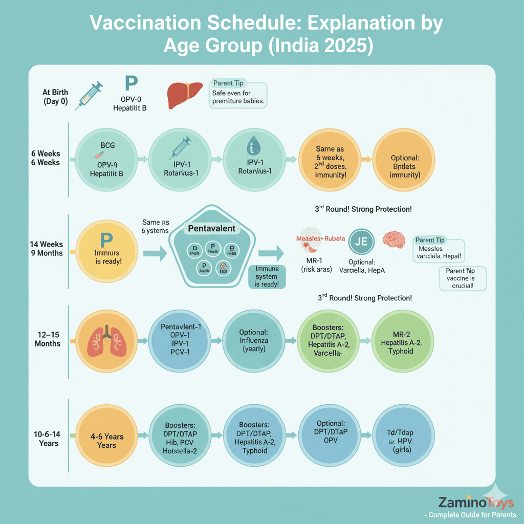 Detailed infographic: "Vaccination Schedule: Explanation by Age Group (India 2025)," showing vaccines like BCG, OPV, Hep B (Birth), Pentavalent, Rotavirus, PCV (6, 10, 14 Weeks), MR, JE, Varicella (9 Months), Boosters (12-15, 16-24 Months), and DPT, HPV (10-14 Years), with parent tips, from ZaminoToys.