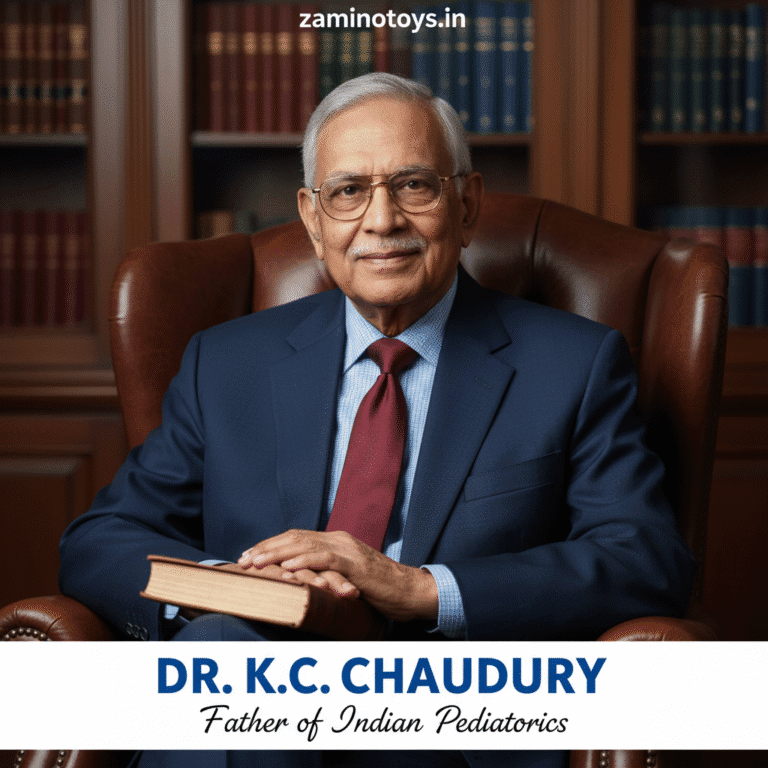 Dr. K.C. Chaudhuri portrait, the respected 'Father of Indian Pediatrics' and founder of the Indian Journal of Pediatrics, featured on the Zamino Toys blog discussing child health history.