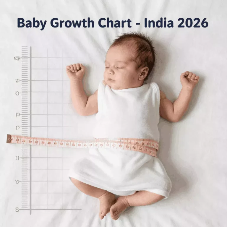 Sleeping Indian baby on a textured blanket with a measuring tape, overlaid with a growth chart graph and icons for baby weight scale, ruler for height, and head circumference. Text reads 'Baby Growth Chart for newborn growth chart - India 2026'.