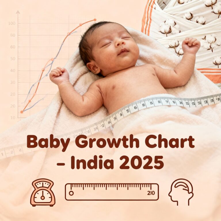 Sleeping Indian baby on a textured blanket with a measuring tape, overlaid with a growth chart graph and icons for baby weight scale, ruler for height, and head circumference. Text reads 'Baby Growth Chart for newborn growth chart - India 2025'.