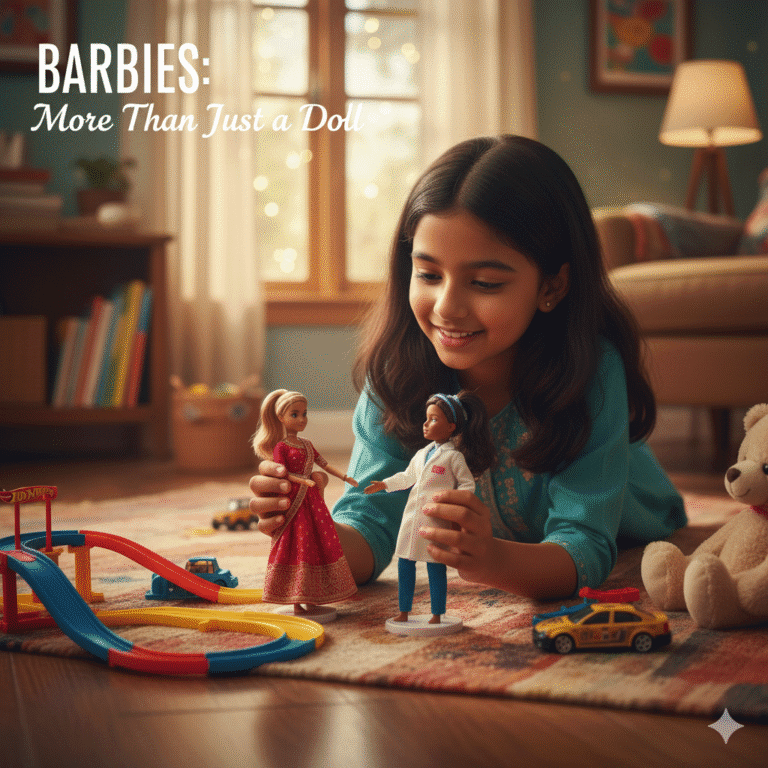 Smiling Indian girl playing with two diverse Barbies dolls—one in a doctor's uniform and one in a saree—alongside Hot Wheels cars and a teddy bear, demonstrating imaginative role-play.