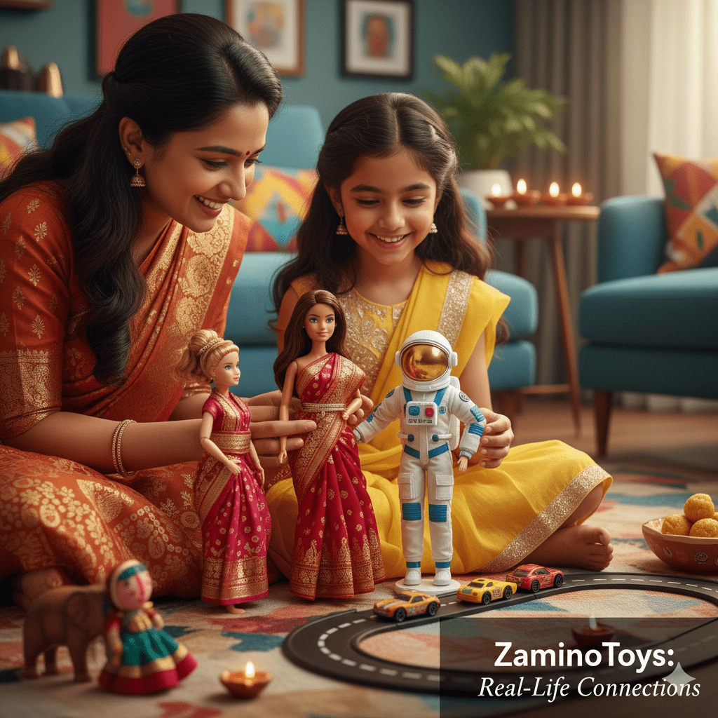 Indian child playing with diverse Barbies dolls in a home setting, featuring a Barbie in traditional Indian attire and another in a modern career role, reflecting cultural integration and aspirations.