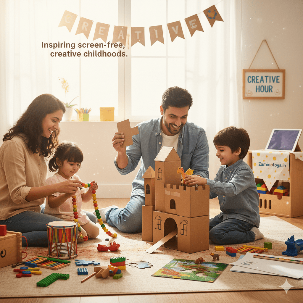 A happy family (mother, father, son, and daughter) engaging in imaginative play indoors with engaging, screen free toys like cardboard blocks, wooden beads, and art supplies, promoting a screen-free childhood.