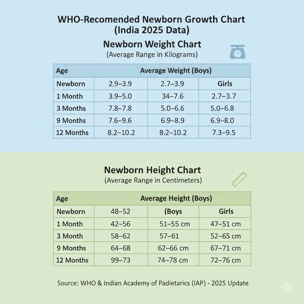"Official WHO-Recommended Newborn Growth Chart for India 2025, displaying tables for average baby weight in kilograms and average baby height in centimeters for boys and girls, from birth to 12 months."
