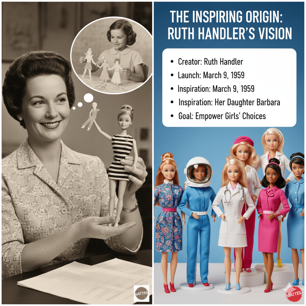 Historic photo montage showing Ruth Handler, the creator, alongside the original 1959 striped-swimsuit Barbie doll at the New York Toy Fair, illustrating the toy's origin.