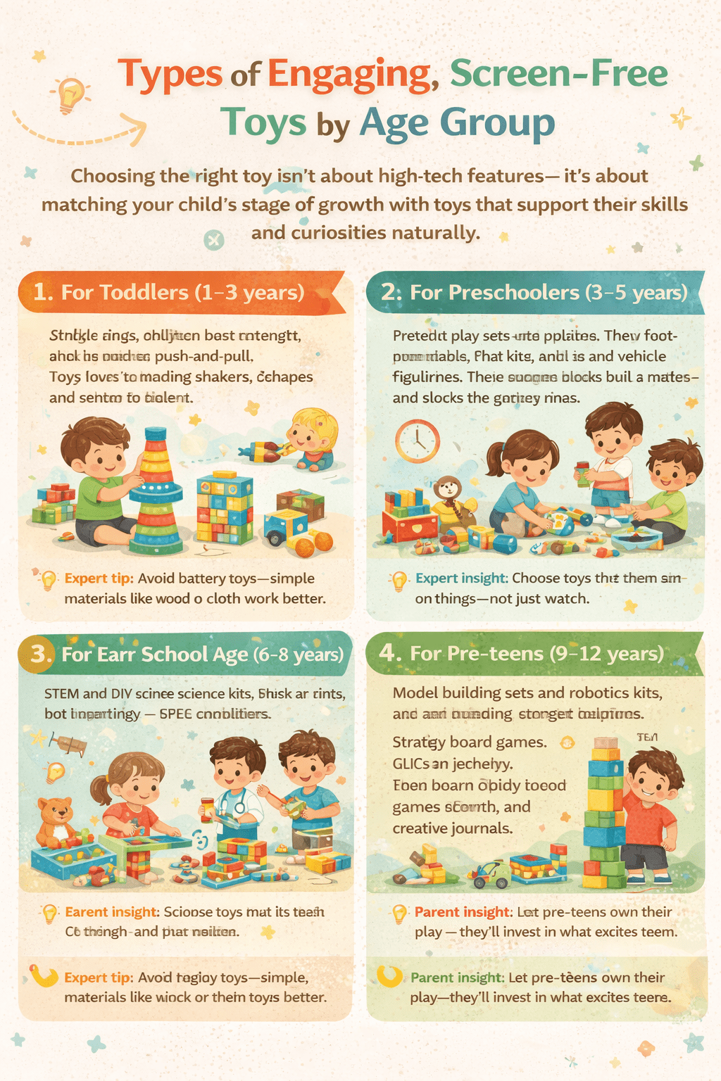 “Illustrated guide showing screen free toys by age group, with toddlers, preschoolers, school-age children, and pre-teens playing with blocks, puzzles, pretend play sets, and creative toys.”