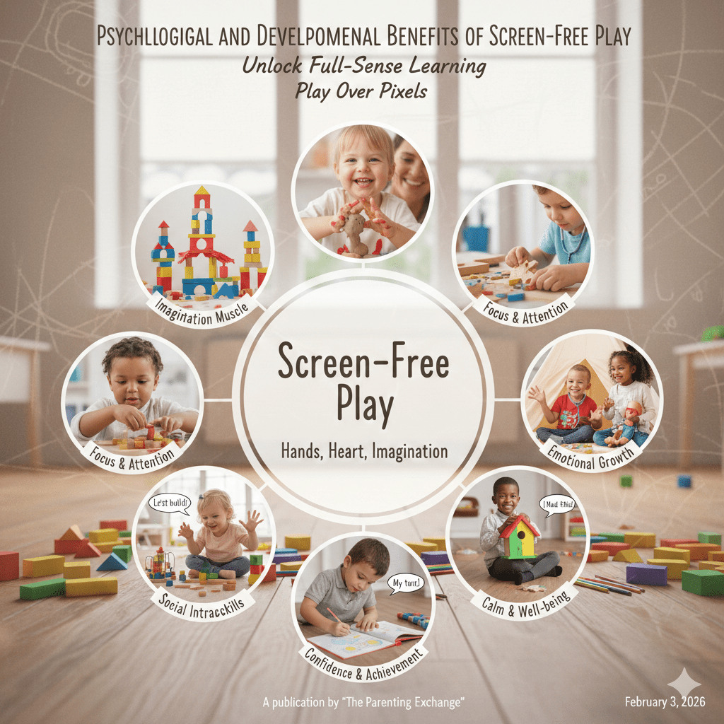 Infographic showing 7 psychological benefits of screen-free toys for child development, including motor skills, imagination, and emotional growth, featuring children playing with wooden blocks and art kits.