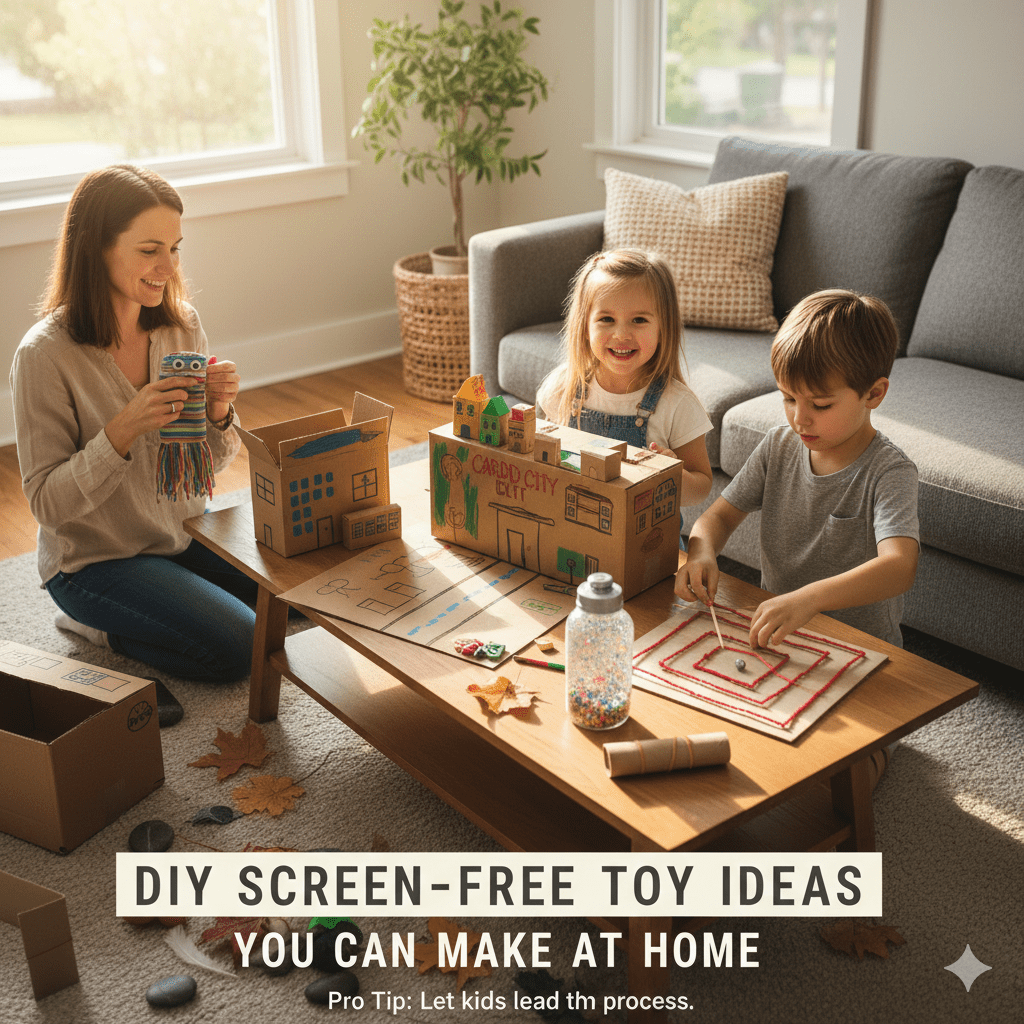 A family making DIY screen-free toys at home, including a cardboard city, a handmade sock puppet, a glitter sensory bottle, and a paper plate marble maze on a wooden coffee table.