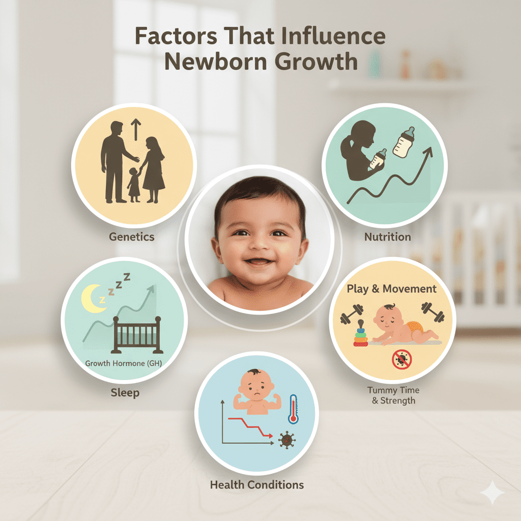 "Infographic illustrating factors influencing newborn growth, with a smiling baby in the center. Surrounding icons represent: Genetics (family silhouette), Nutrition (parent feeding baby, growth curve), Play & Movement (baby doing tummy time, weights, stop sign), Sleep (crib, moon, GH label), and Health Conditions (baby with thermometer, decline graph, virus)."