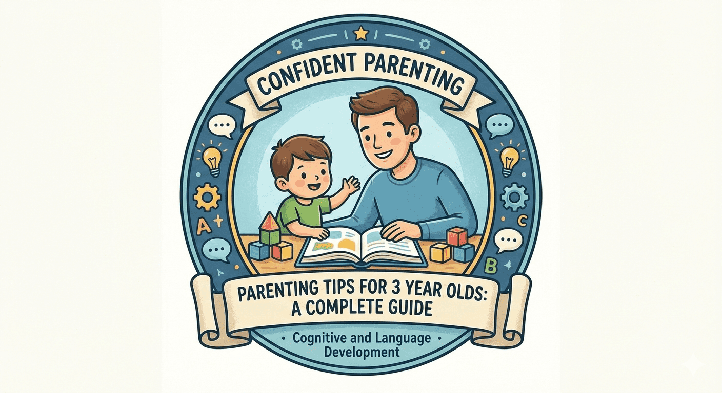 "Circular crest illustration featuring a parent reading to a toddler with building blocks, representing cognitive development and parenting tips for 3-year-olds."