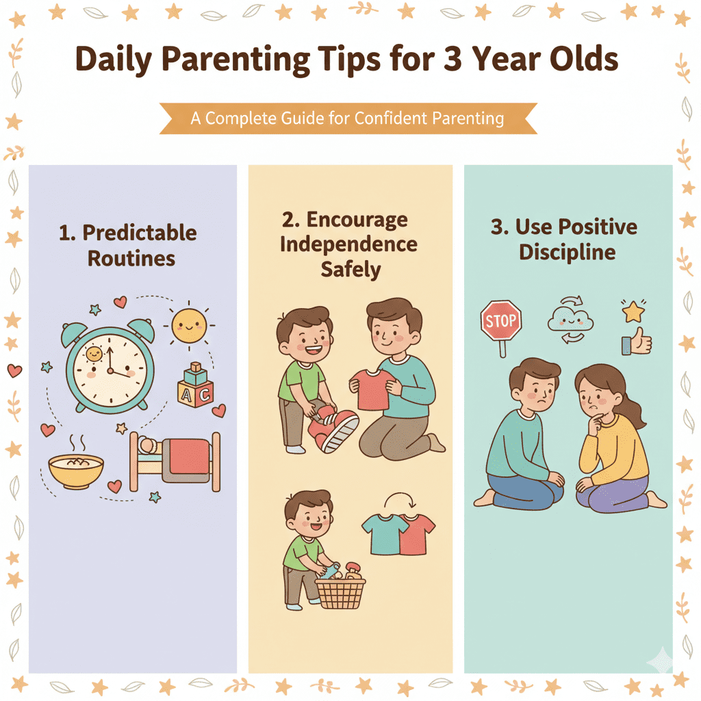 Infographic showing daily parenting tips for 3 year olds, including predictable routines with a clock icon, encouraging independence with dressing, and positive discipline techniques